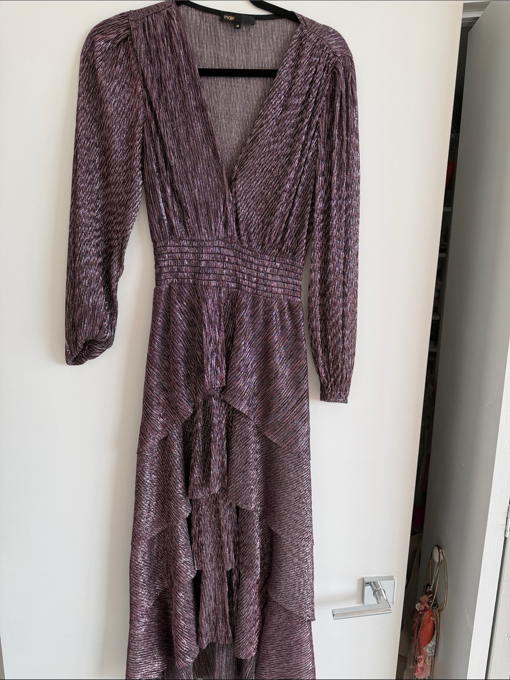 Maje Metallic Plum V-Neck Ruffle High-Low Dress